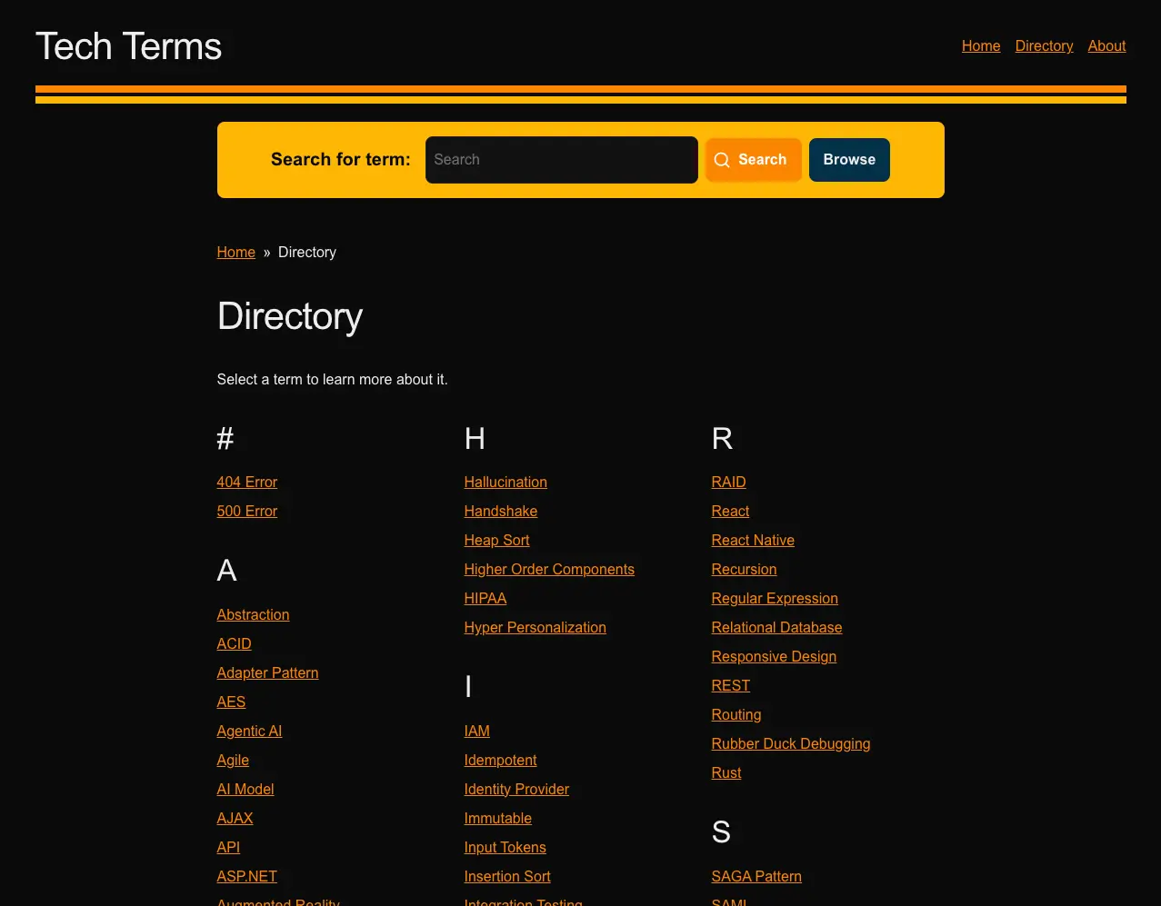 Screenshot of a knowledgebase for technical terms